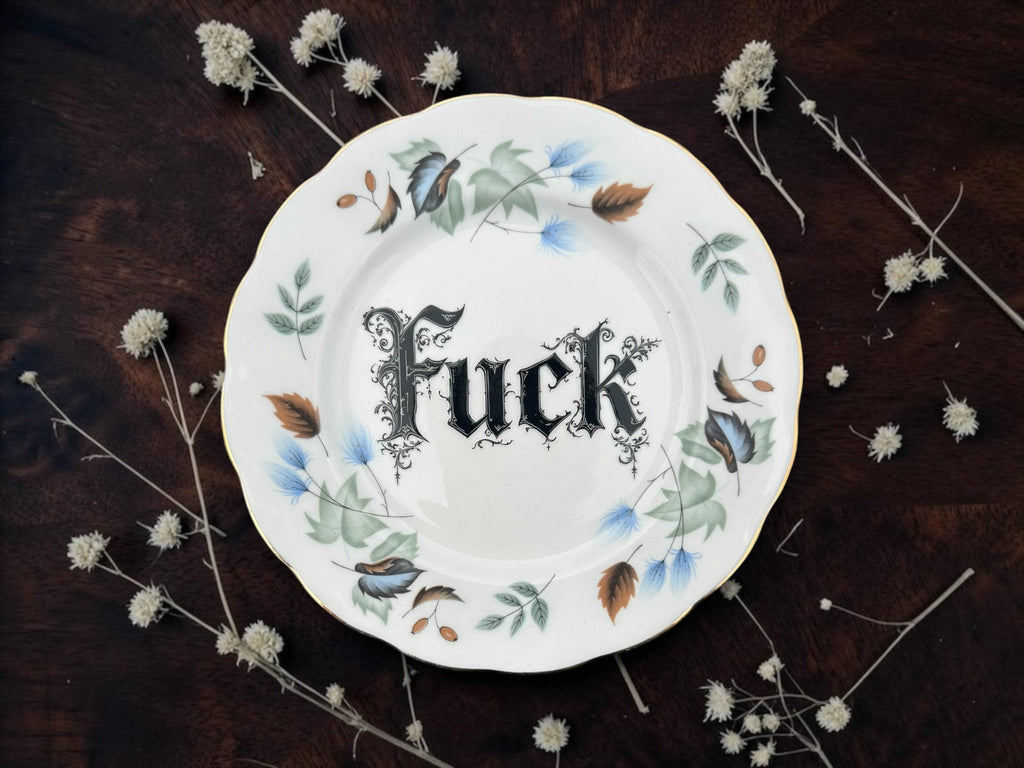 Fuck Plate  Vintage Crackpottery with stand