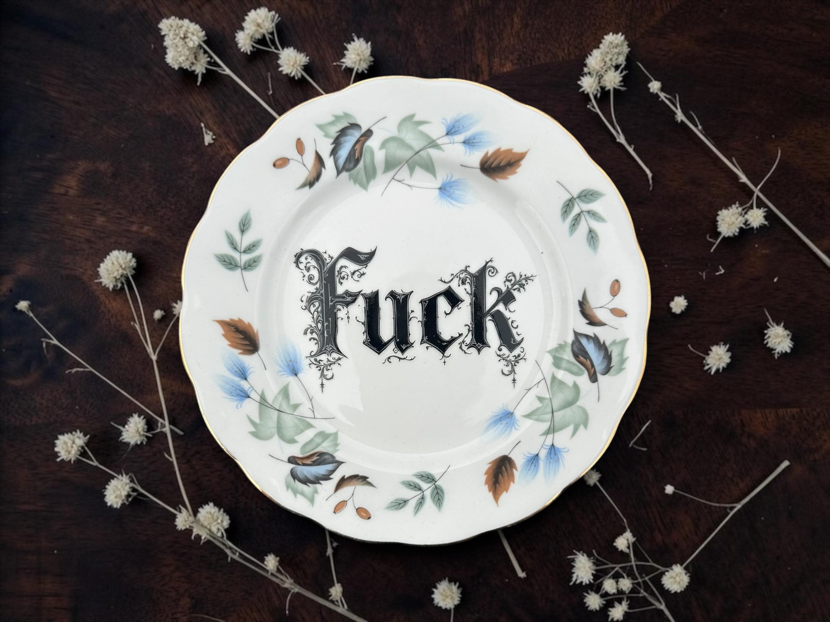 Fuck Plate  Vintage Crackpottery with stand