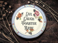Live laugh toaster bath, vintage plate with stand