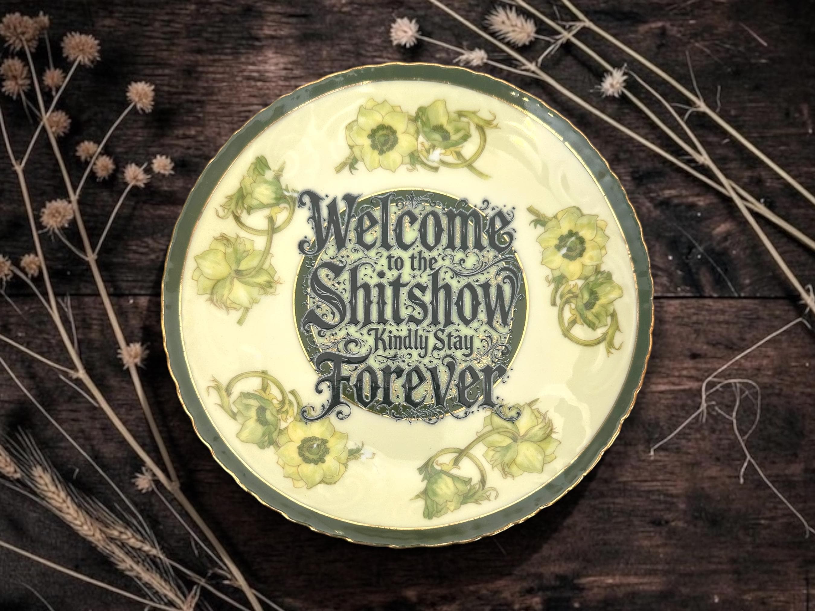 Welcome to the Shitshow, Kindly Stay Forever Vintage Decorative Plate | Funny Swear Gift | Vintage China | Alternative Home Décor