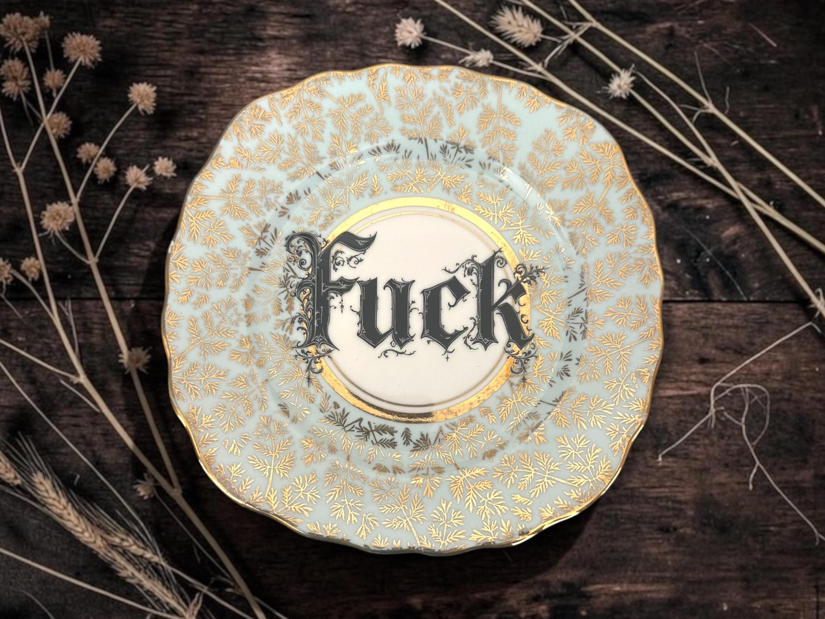 Fuck Plate  Vintage Crackpottery with stand