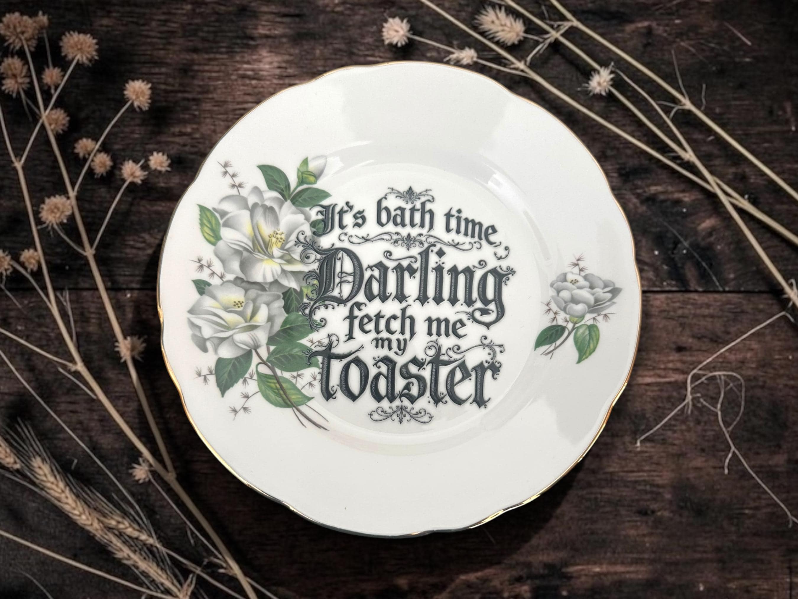 Its Bathtime Darling, Fetch Me My Toaster Plate  Vintage Crackpottery with stand
