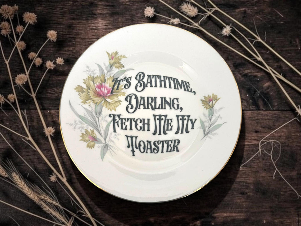 Its Bathtime Darling, Fetch Me My Toaster Plate  Vintage Crackpottery with stand
