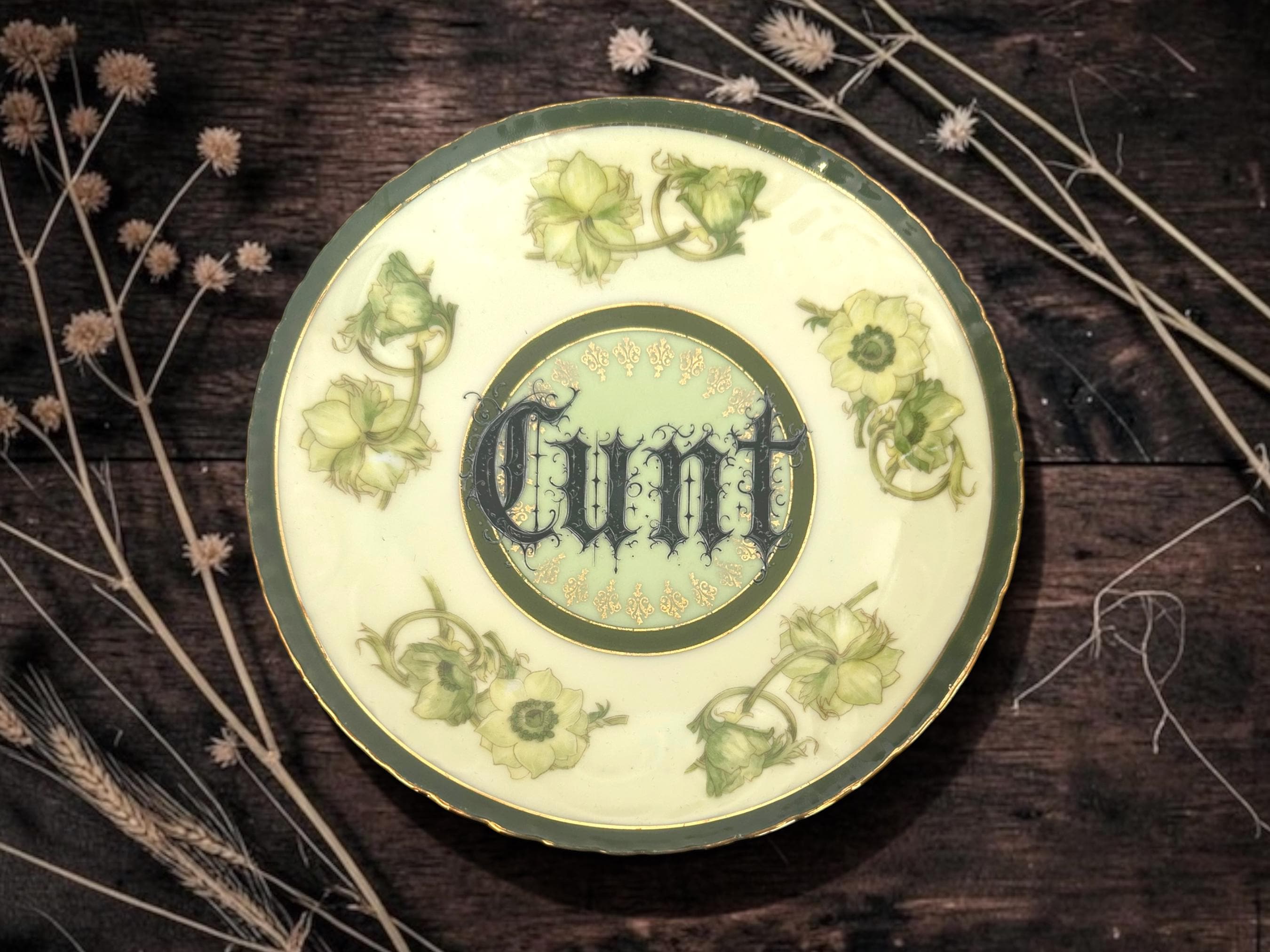 Cunt, vintage plate with stand
