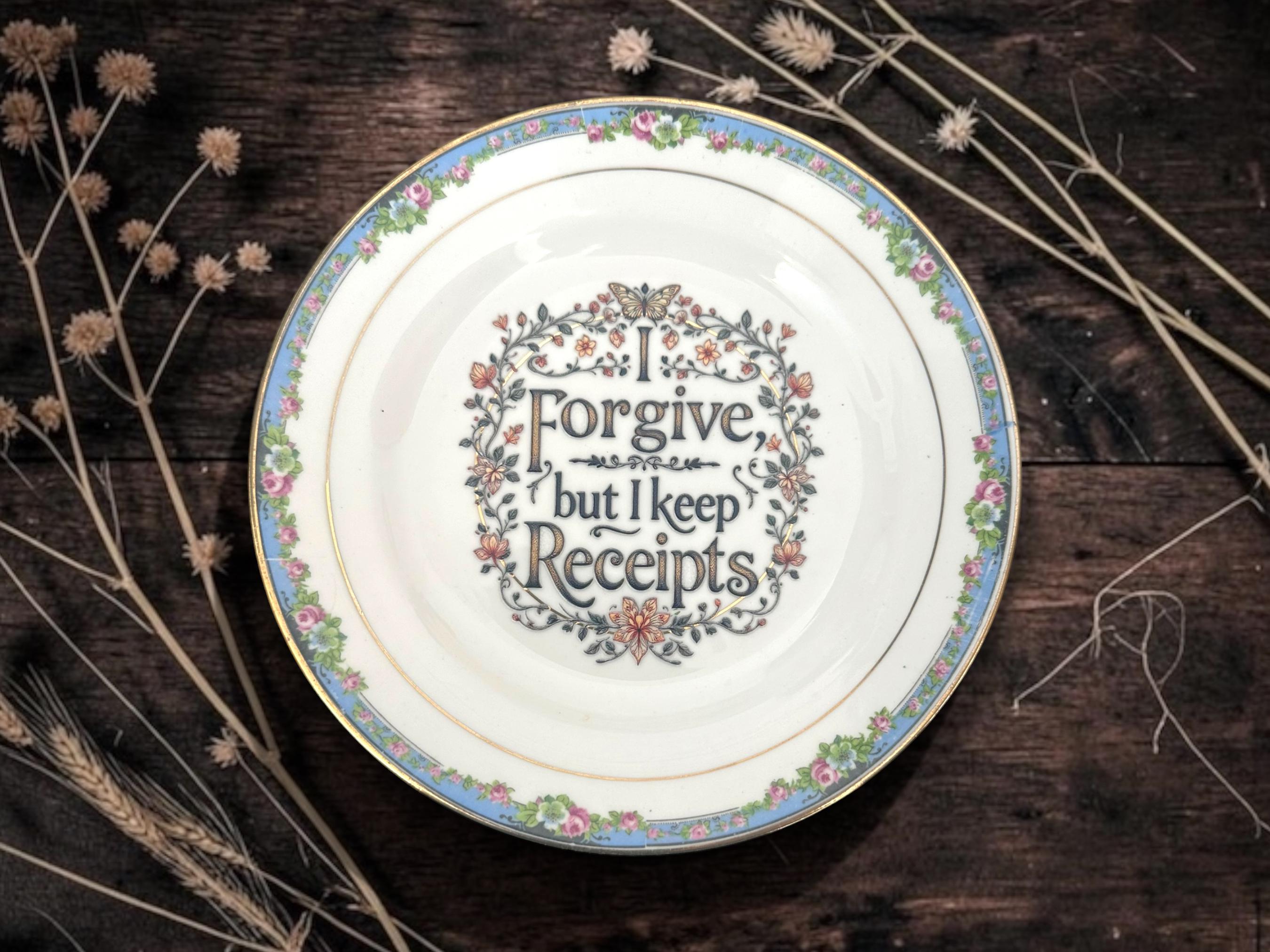 I Forgive but I Keep Receipts Vintage Decorative Plate | Funny Sarcastic Gift | Vintage China | Alternative Home Décor