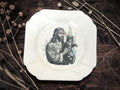 Jesus holding cat, vintage plate with stand
