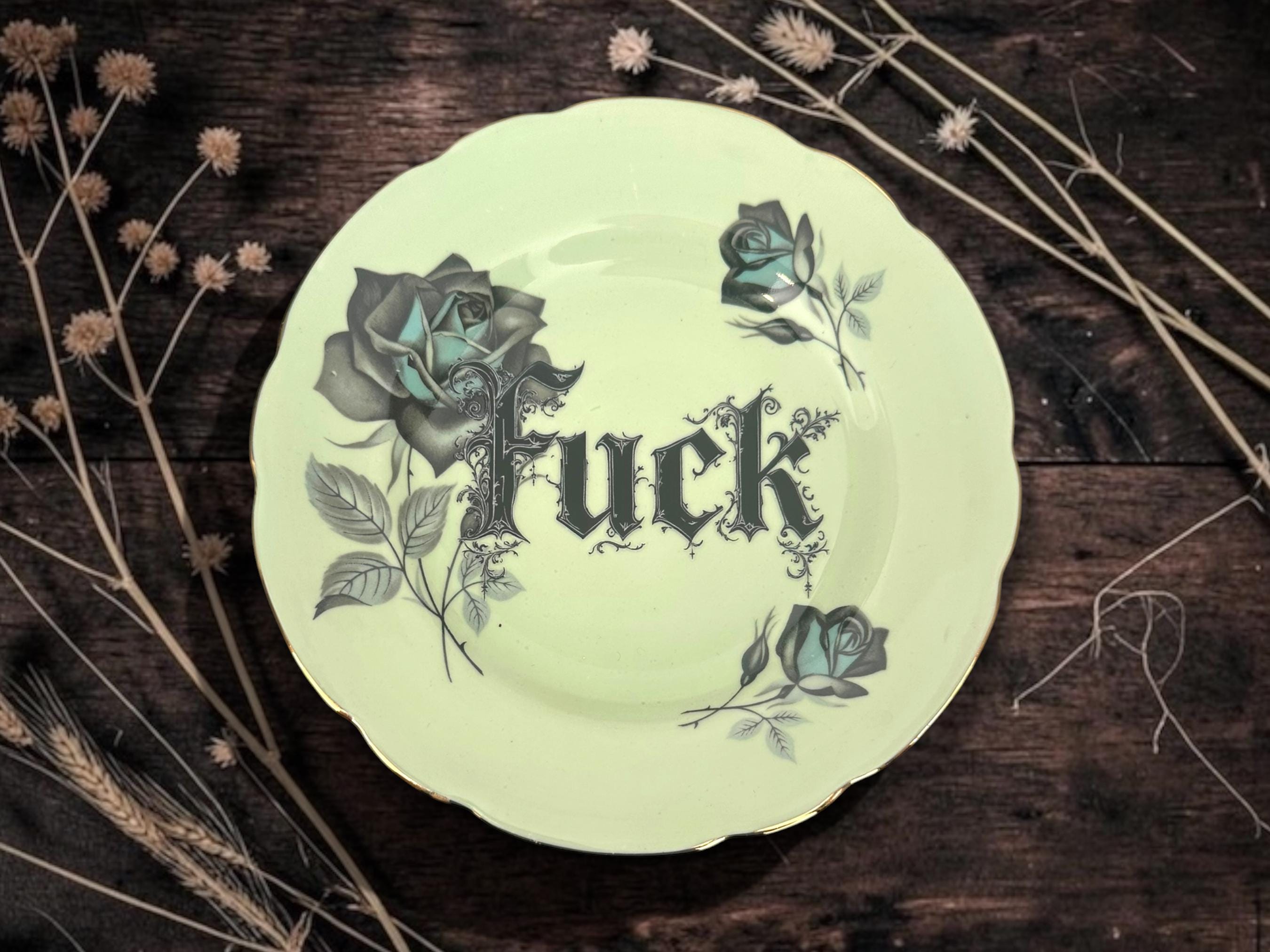 Fuck Plate  Vintage Crackpottery with stand