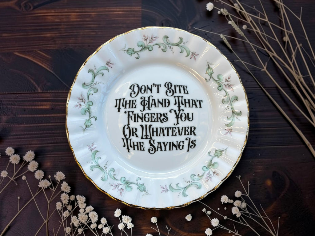 Vintage floral plate reading Don't Bite The Hand That Fingers You Or Whatever The Saying Is