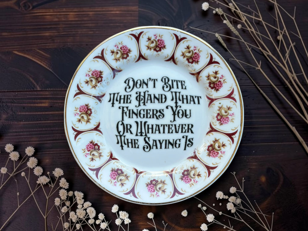 Vintage floral plate reading Don't Bite The Hand That Fingers You Or Whatever The Saying Is