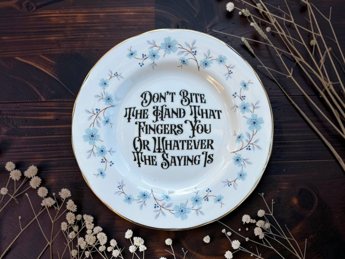 Blue floral vintage plate reading Don't Bite The Hand That Fingers You Or Whatever The Saying Is
