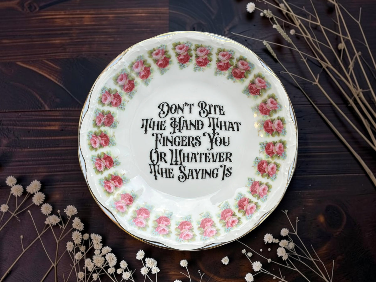 Vintage rose plate reading Don't bite the hand that fingers you or whatever the saying is
